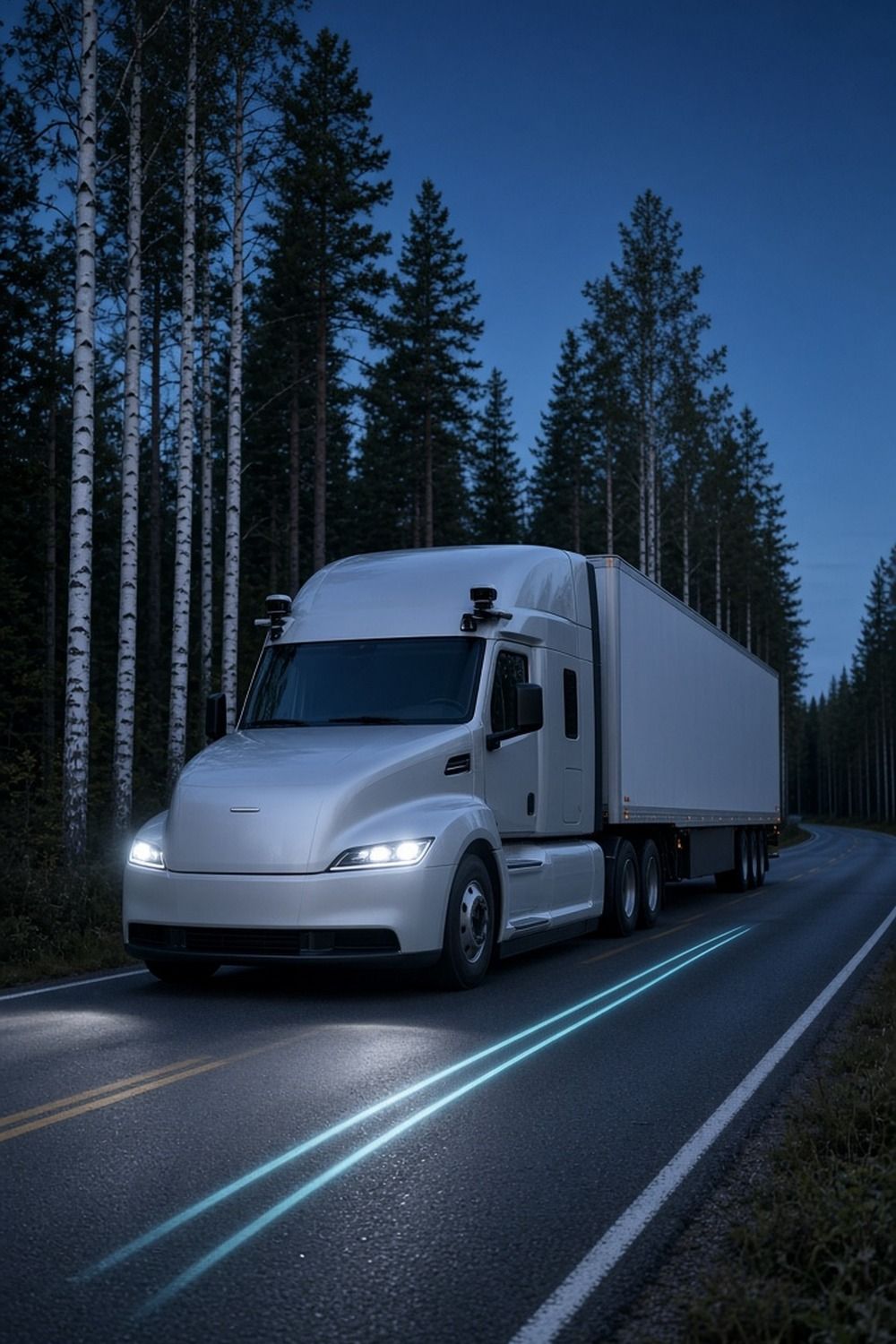 White aerodynamic autonomous semi truck with roof sensors pulling a trailer along a forest highway lined with birch and pine trees at dusk