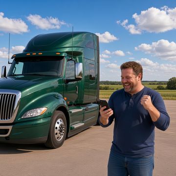 An auburn-bearded truck driver fist-pumps at his phone beside a dark green sleeper semi in a rural lot