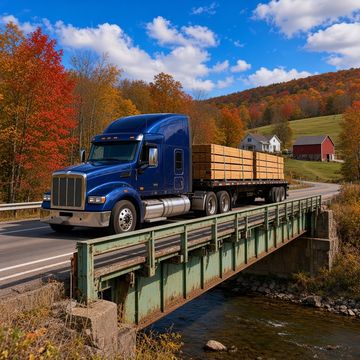 A blue long-hood semi crosses an old county bridge in the fall