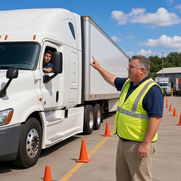 An instructor in a hi-vis vest points while a student driver sits in the cab of a white sleeper semi at a training yard