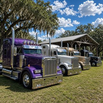 Polished show semi trucks lined up in a row outside a pavilion on a sunny Louisiana afternoon