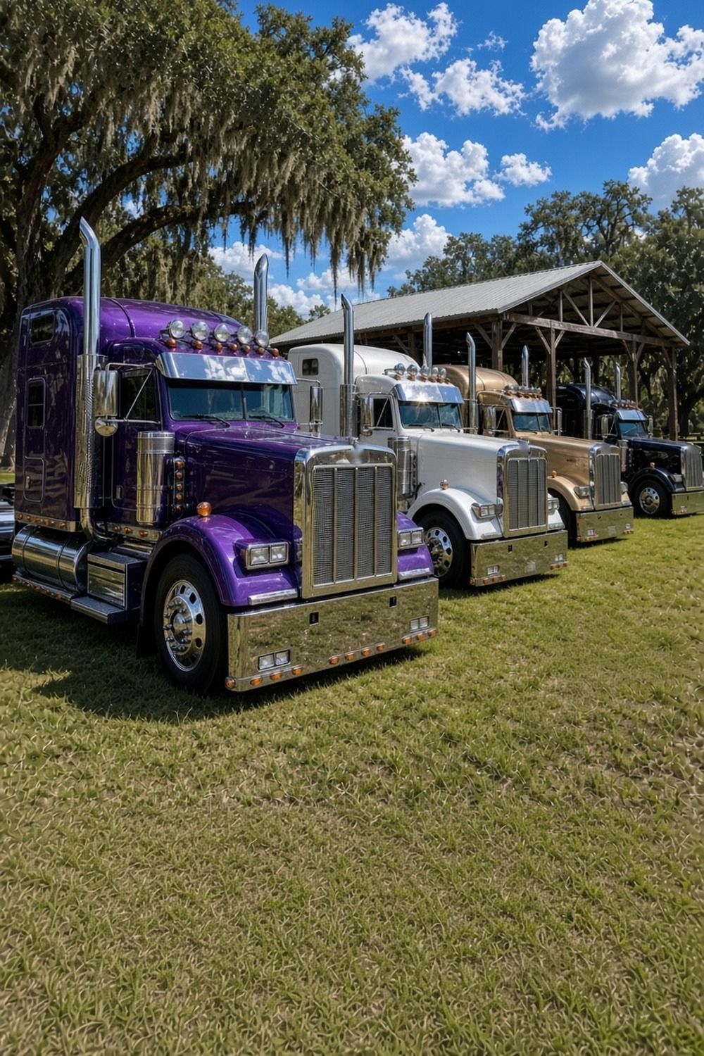 Polished show semi trucks lined up in a row outside a pavilion on a sunny Louisiana afternoon