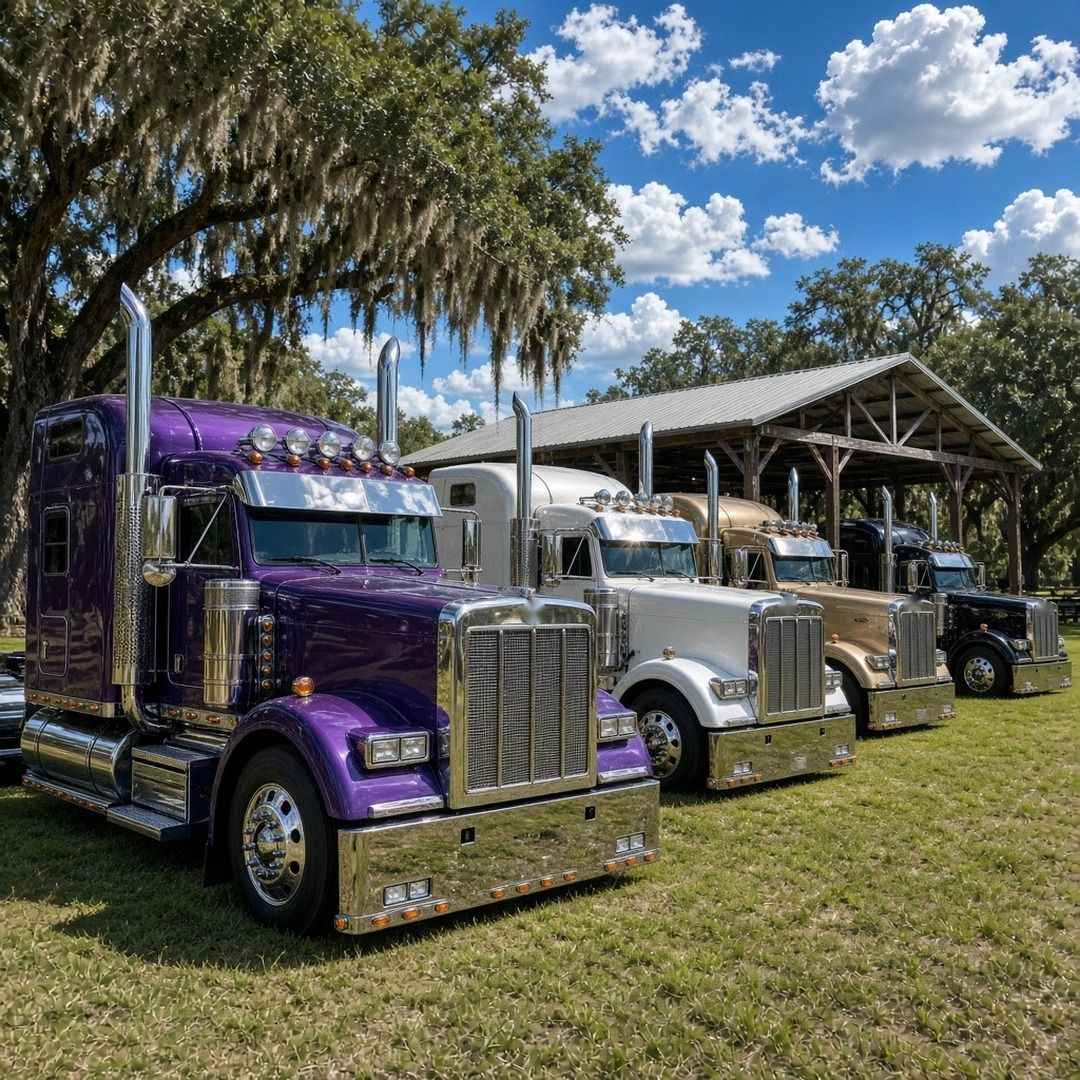 Polished show semi trucks lined up in a row outside a pavilion on a sunny Louisiana afternoon