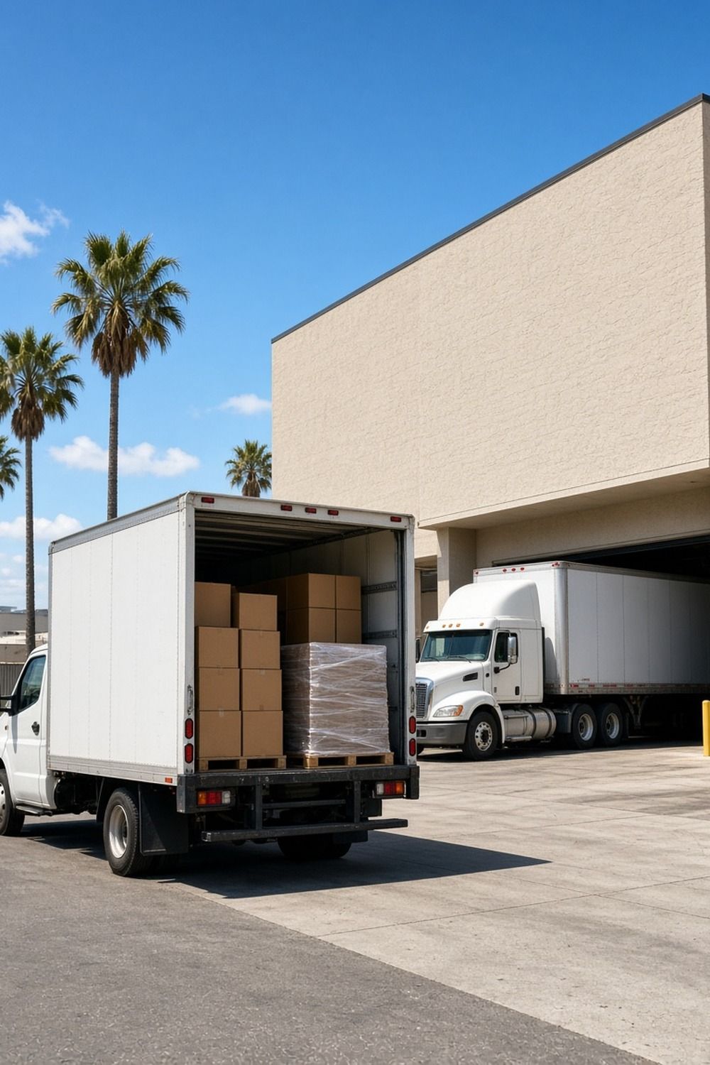 White box truck with its rear door open showing stacked boxes at a Southern California loading area, a white semi truck at the dock behind it and palm trees