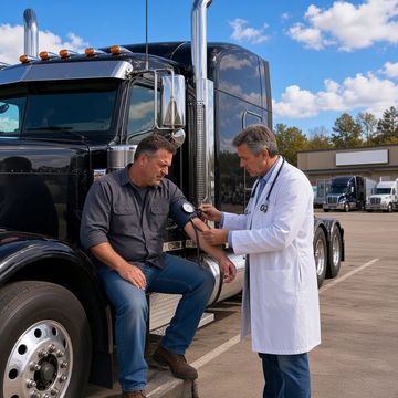 A doctor in a white coat checks a seated truck driver beside a black sleeper semi