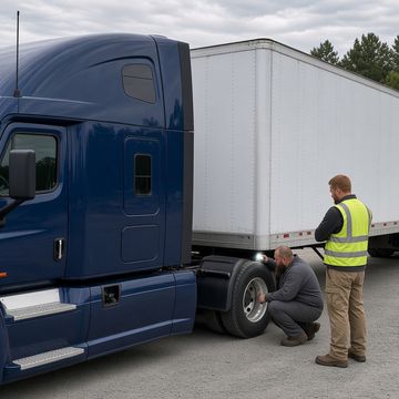 A mechanic checks a white dry van trailer with a flashlight as a trucker in a hi-vis vest looks on in a truck yard