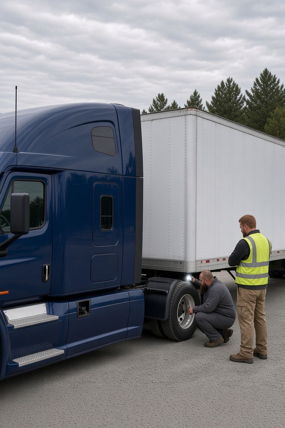 A mechanic checks a white dry van trailer with a flashlight as a trucker in a hi-vis vest looks on in a truck yard