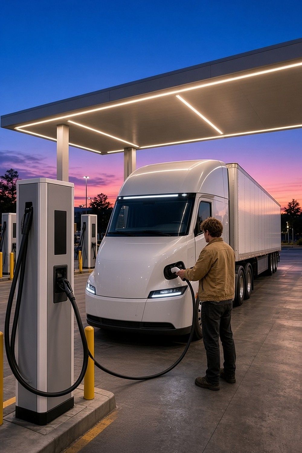 A man plugs a charging cable into a white electric semi under a lit canopy at a travel center charging stall at dusk