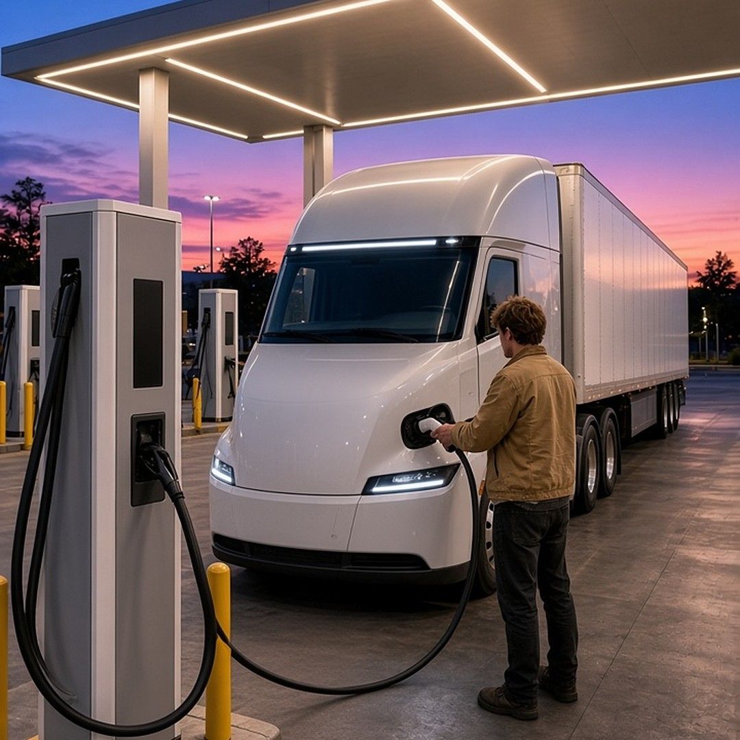A man plugs a charging cable into a white electric semi under a lit canopy at a travel center charging stall at dusk