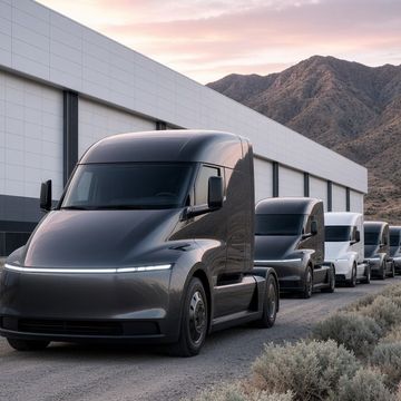 Row of sleek charcoal and white electric semi trucks parked outside a large white factory in the Nevada desert at dawn