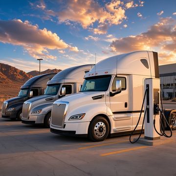 Electric semi trucks parked at chargers in the desert at golden hour