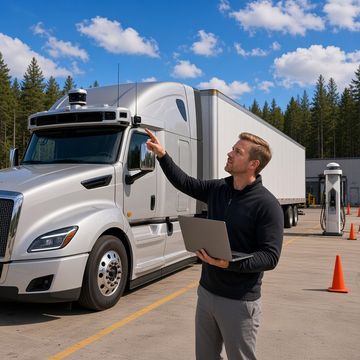 An engineer holds a tablet beside a silver electric semi at a charging station