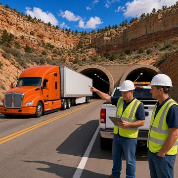 Two engineers in hard hats and hi-vis vests point toward twin highway tunnels in red rock cliffs as an orange semi passes
