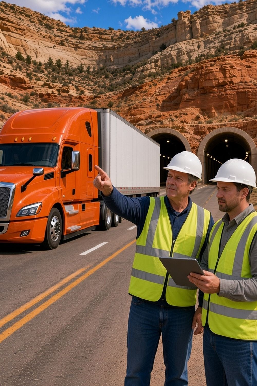 Two engineers in hard hats and hi-vis vests, one holding a tablet, point at twin tunnels as an orange semi passes
