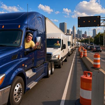 An exasperated driver in a white cap leans out of a blue semi stuck in interstate traffic with barrels and the Atlanta skyline behind