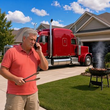 A silver-haired man in a coral polo looks exasperated on the phone in his driveway beside a red long-nose semi and a grill