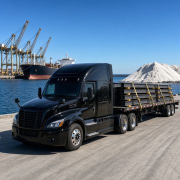 A flatbed semi truck loaded with steel beams at a Great Lakes port with cranes and a cargo ship behind it