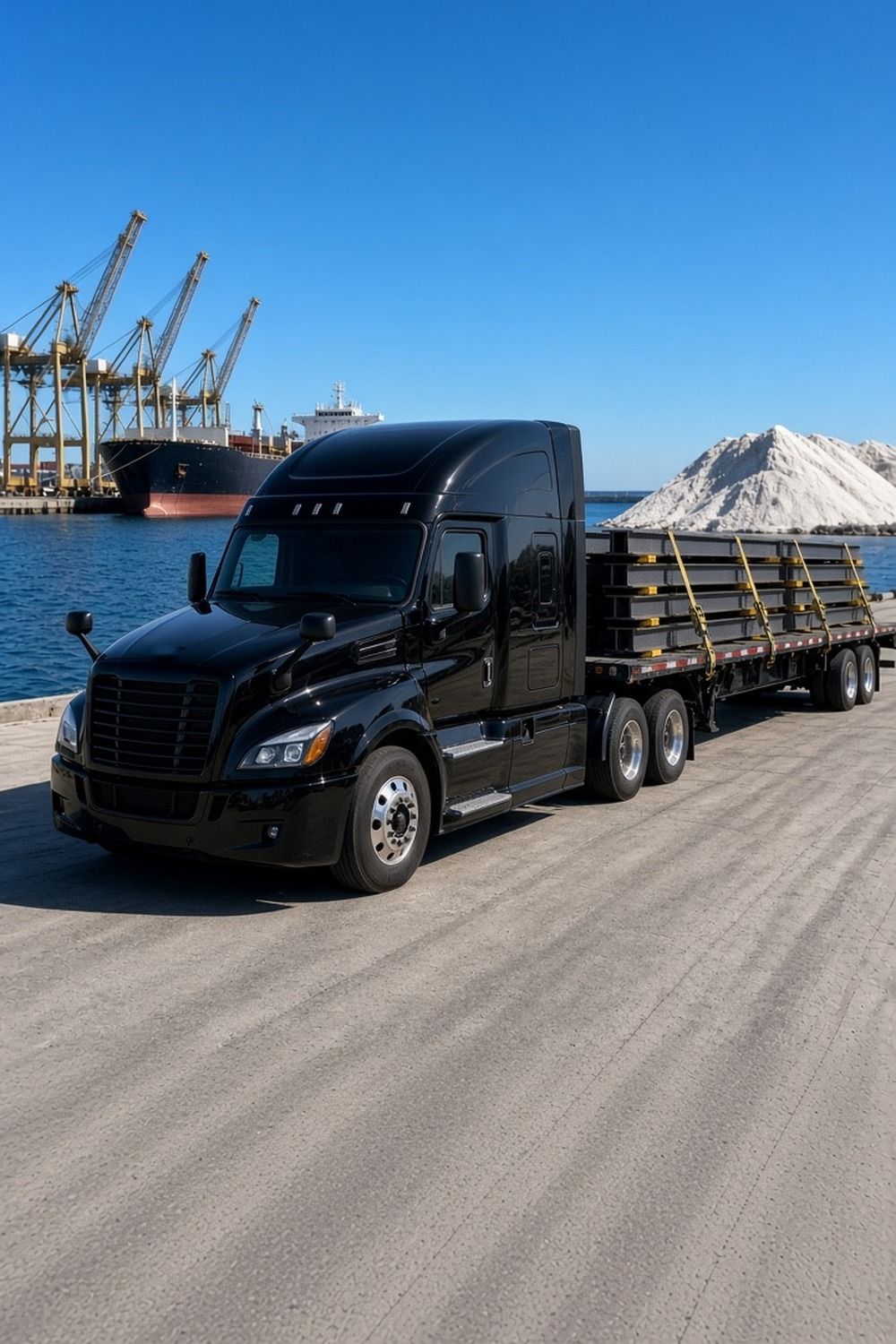 A flatbed semi truck loaded with steel beams at a Great Lakes port with cranes and a cargo ship behind it