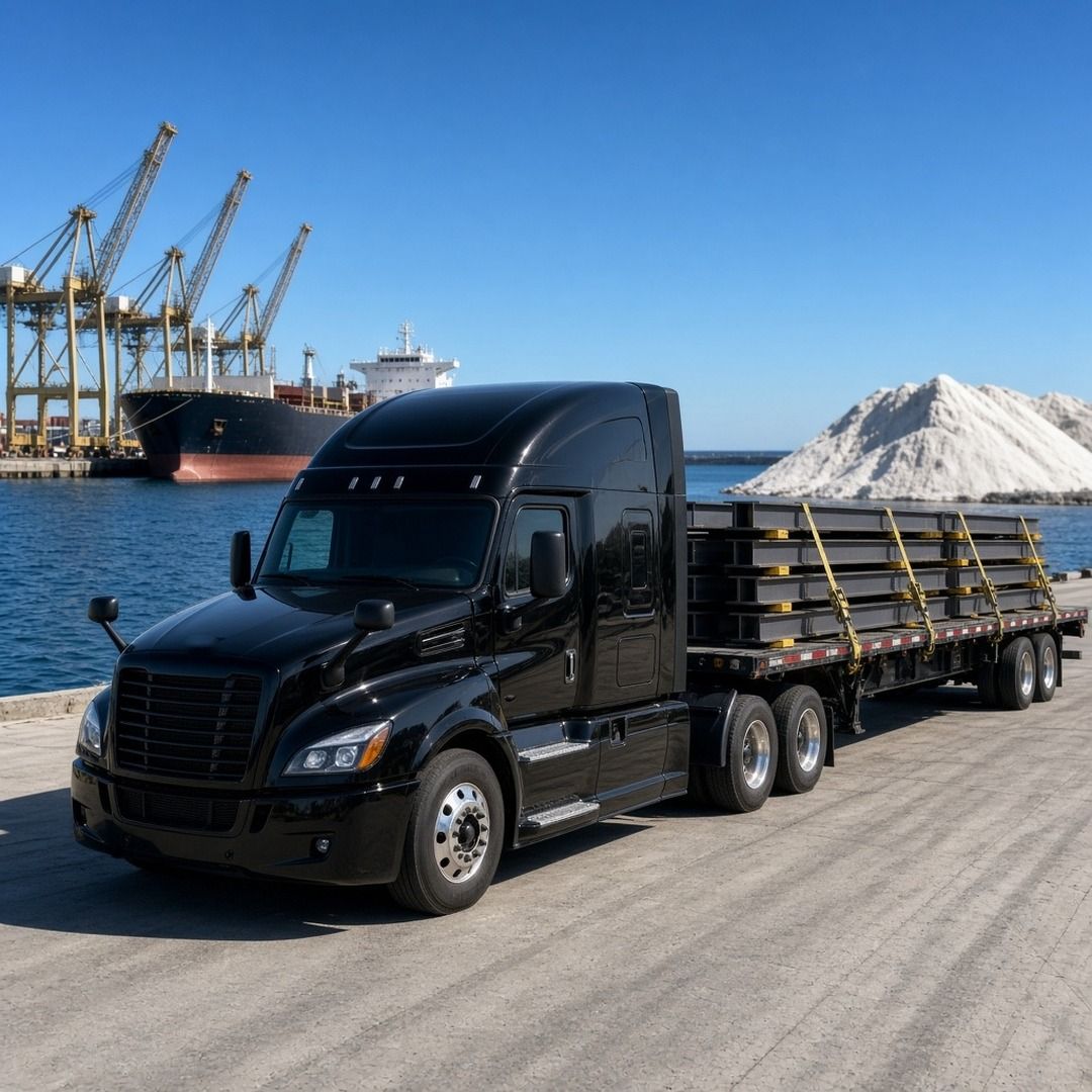 A flatbed semi truck loaded with steel beams at a Great Lakes port with cranes and a cargo ship behind it