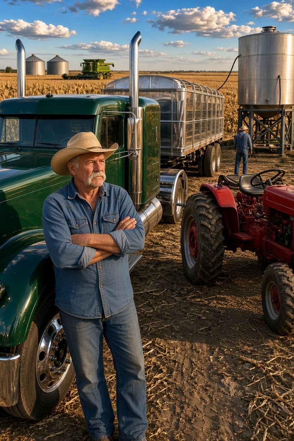 A frowning older man in a straw hat stands with crossed arms by a green semi, a grain trailer and a red tractor
