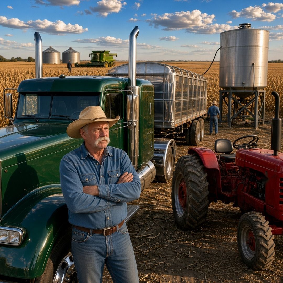 A frowning older man with crossed arms stands by a green semi and grain trailer near a red tractor in a harvested cornfield