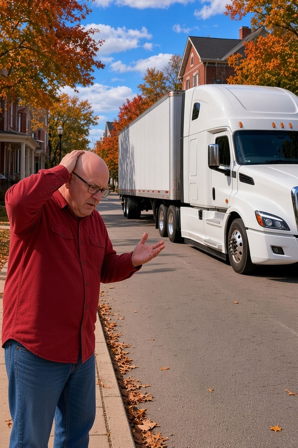A frustrated man holds his head and gestures toward a white semi on a leafy residential street with brick houses and autumn trees