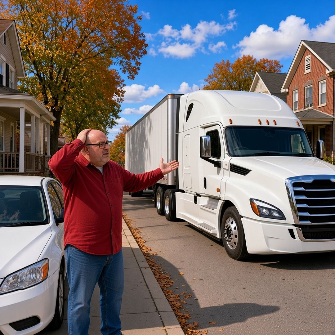A frustrated man on a sidewalk holds his head and gestures at a white semi parked on a narrow residential street lined with fall trees