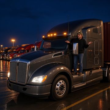 A frustrated truck driver in a camo cap stands on the cab step of a charcoal sleeper semi in a packed truck lot on a wet night