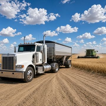 A grain semi truck waiting at the edge of a golden soybean field during harvest under a wide sky