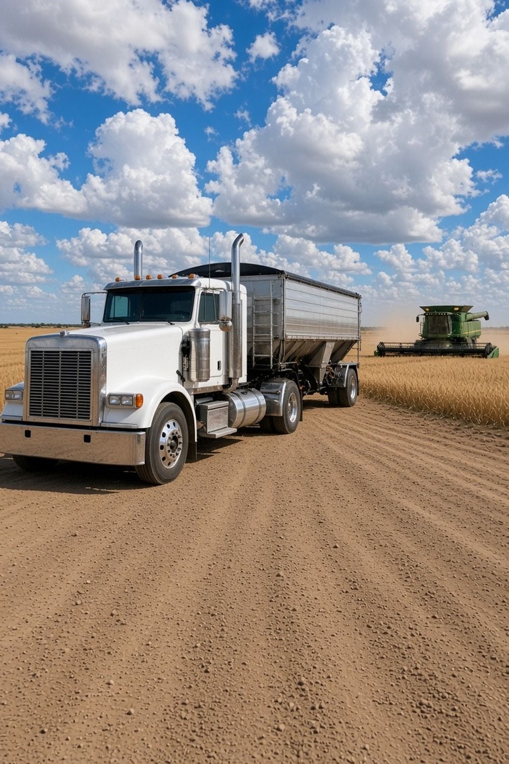 A grain semi truck waiting at the edge of a golden soybean field during harvest under a wide sky