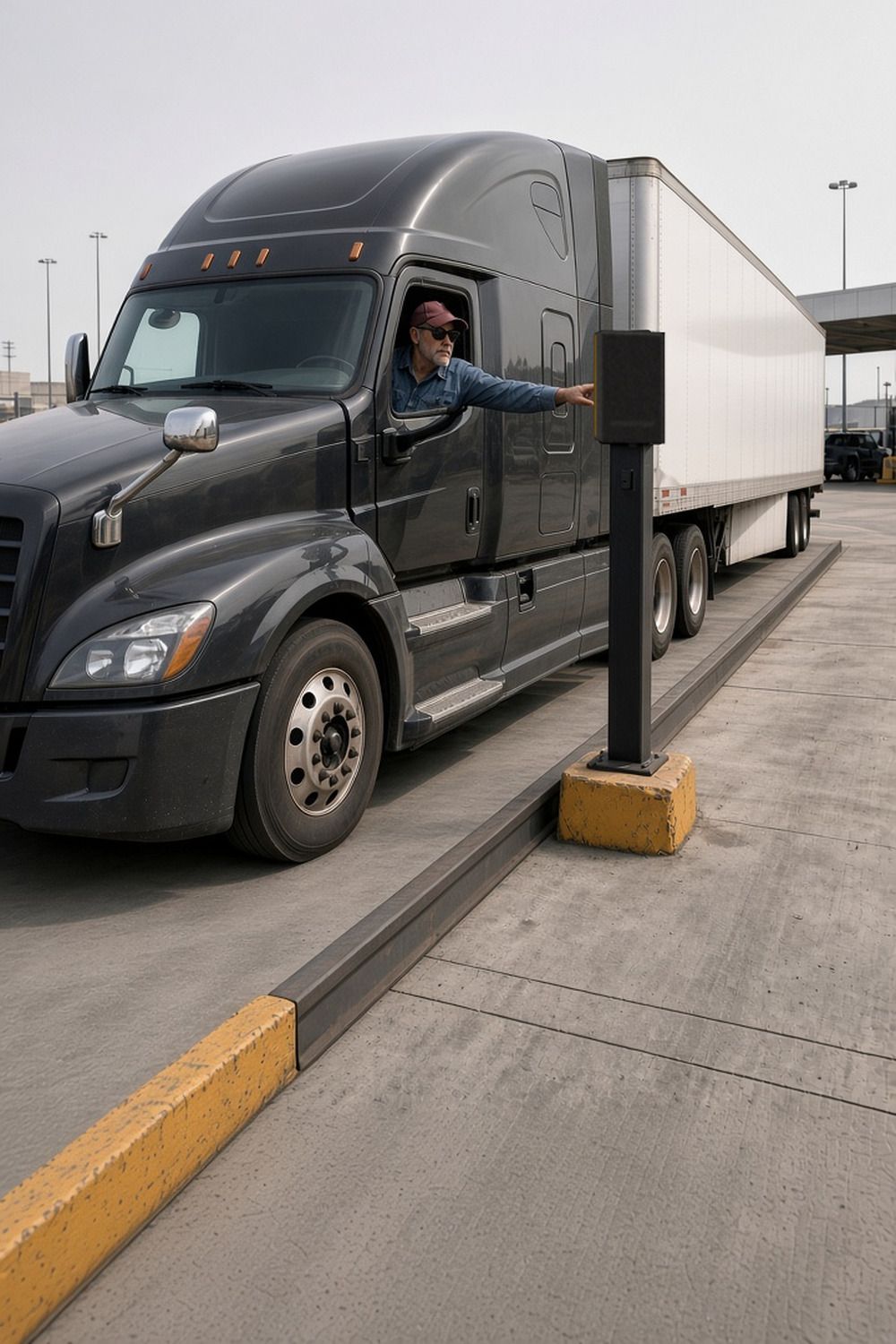 A driver leans from the window of a dark gray semi to press the call box at a truck scale