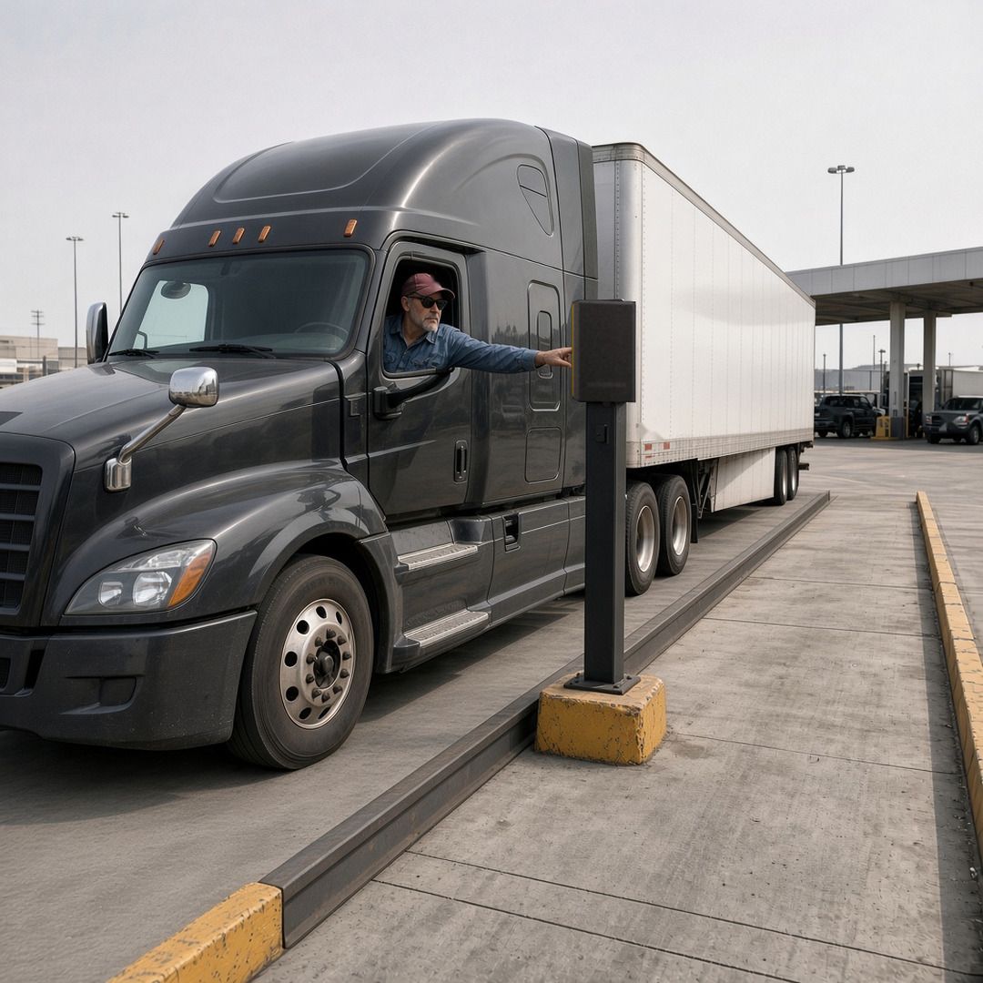 A driver leans from the window of a dark gray semi to press the call box at a truck scale
