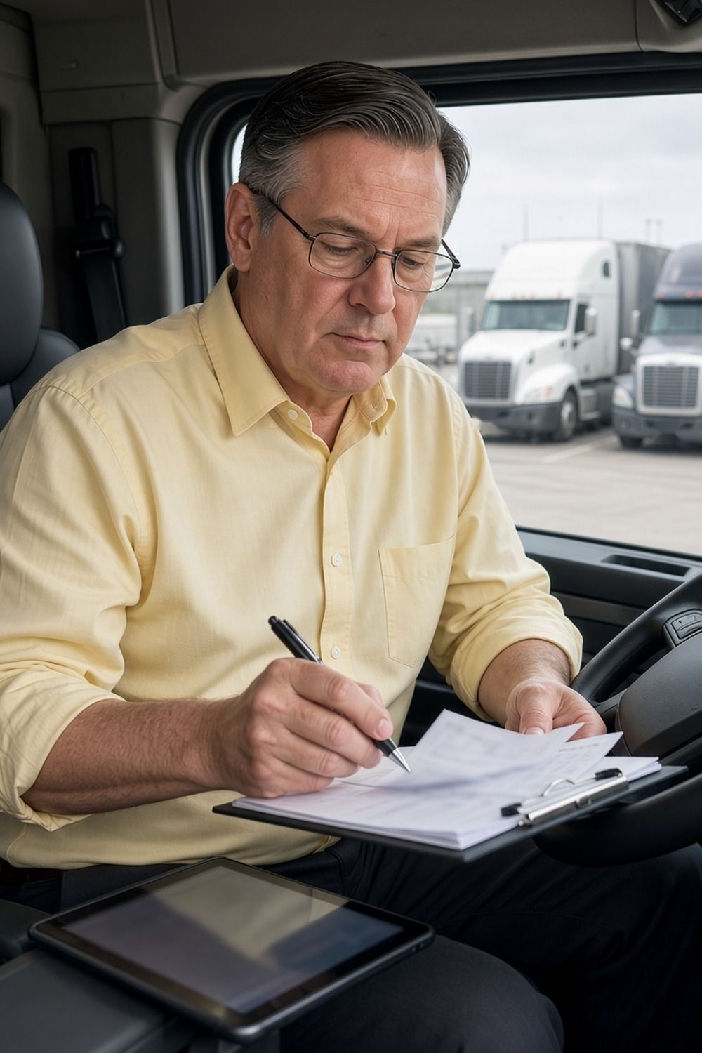 A driver in glasses fills out fuel tax paperwork on a clipboard in a semi cab