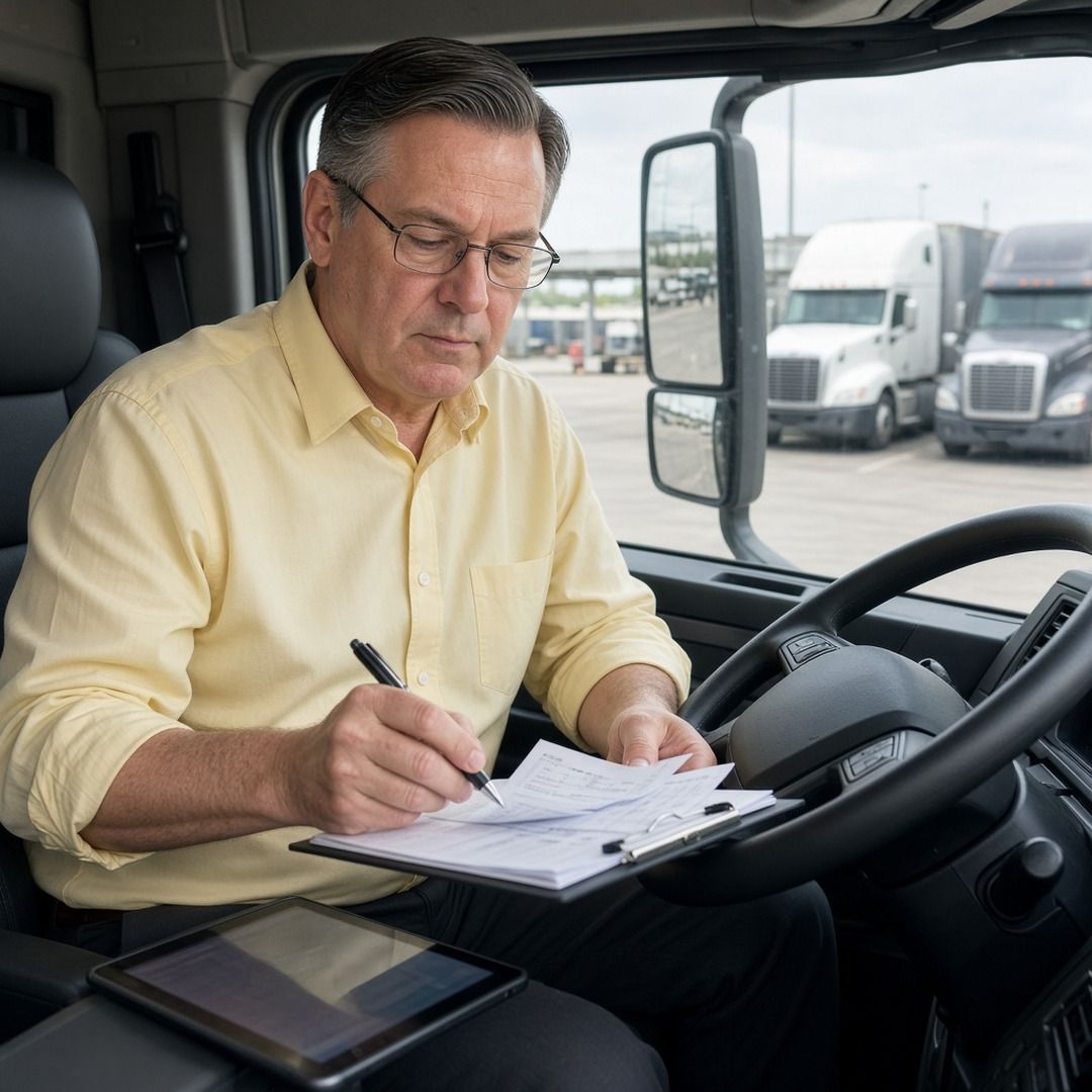 A driver in glasses fills out fuel tax paperwork on a clipboard in a semi cab