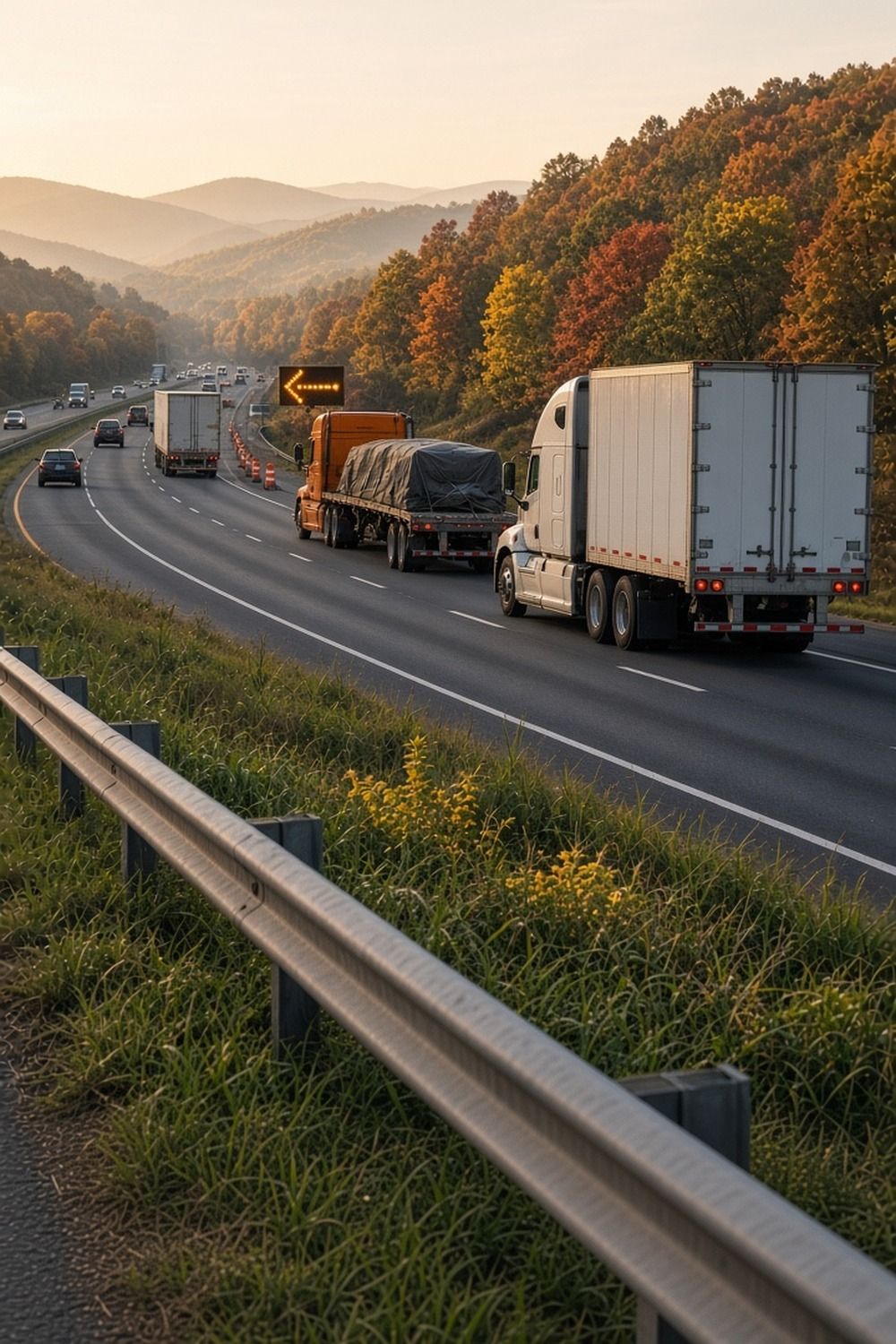 A line of semi trucks slowing on a Pennsylvania interstate behind a flashing amber arrow board, autumn hills in the background