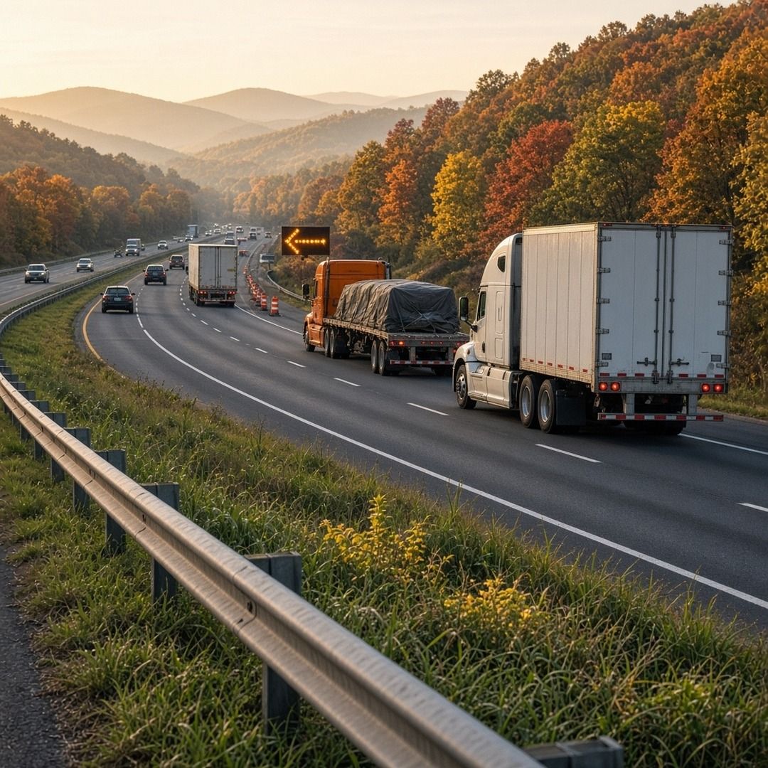 A line of semi trucks slowing on a Pennsylvania interstate behind a flashing amber arrow board, autumn hills in the background