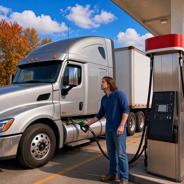 A long-haired truck driver fuels a silver sleeper semi at the saddle tank