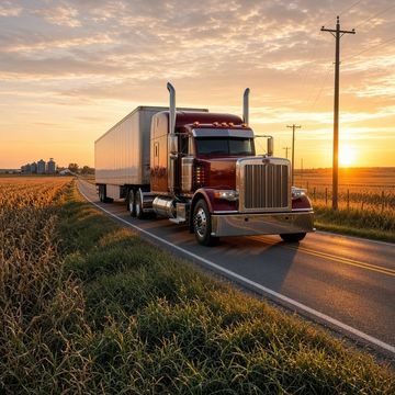 A red long-hood semi truck pulling a white dry van trailer on a two-lane farm road at sunset