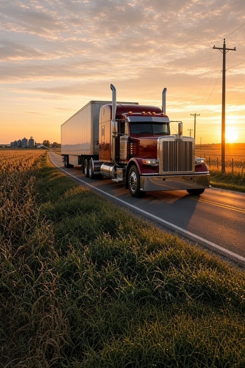 A red long-hood semi truck pulling a white dry van trailer on a two-lane farm road at sunset