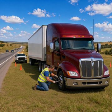 A mechanic in a hi-vis vest kneels on a grassy highway shoulder working on a maroon semi front tire, with cones and a service pickup behind