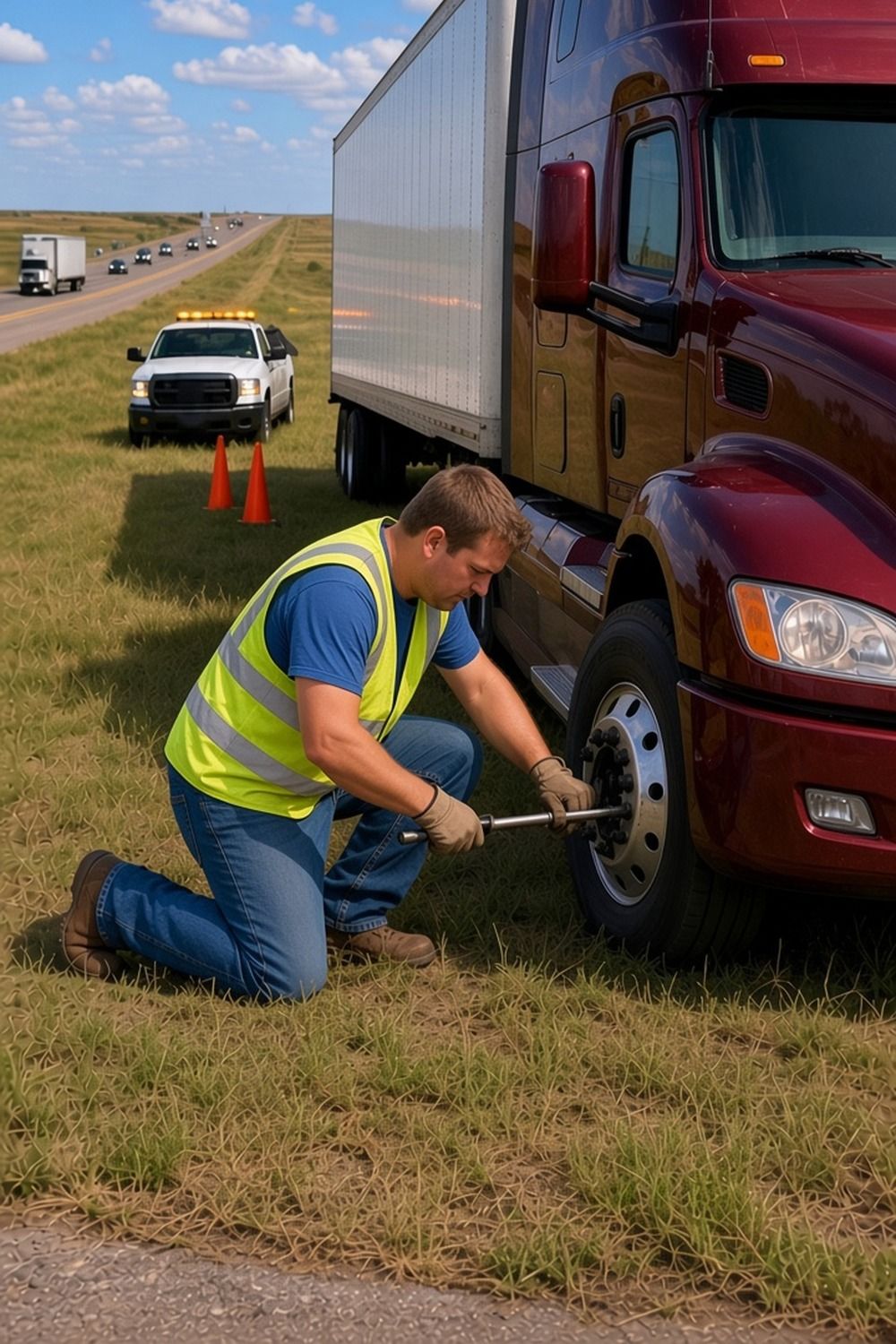 A mechanic in a hi-vis vest kneels on the grass turning a lug wrench on a maroon semi front tire, with cones behind