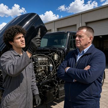 A young mechanic grimaces at an engine injector while a man with crossed arms frowns beside a black semi in a repair bay