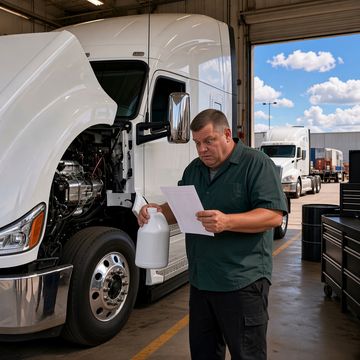 A mechanic holding an oil jug looks shocked at an invoice beside a semi with its hood tilted in a service bay