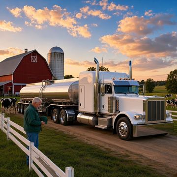 A milk tanker semi parked by a red barn at golden hour with a farmer standing nearby