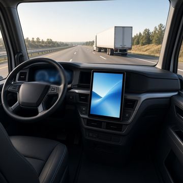 Inside a modern semi truck cab with a tall touchscreen built into the dashboard and the open highway ahead