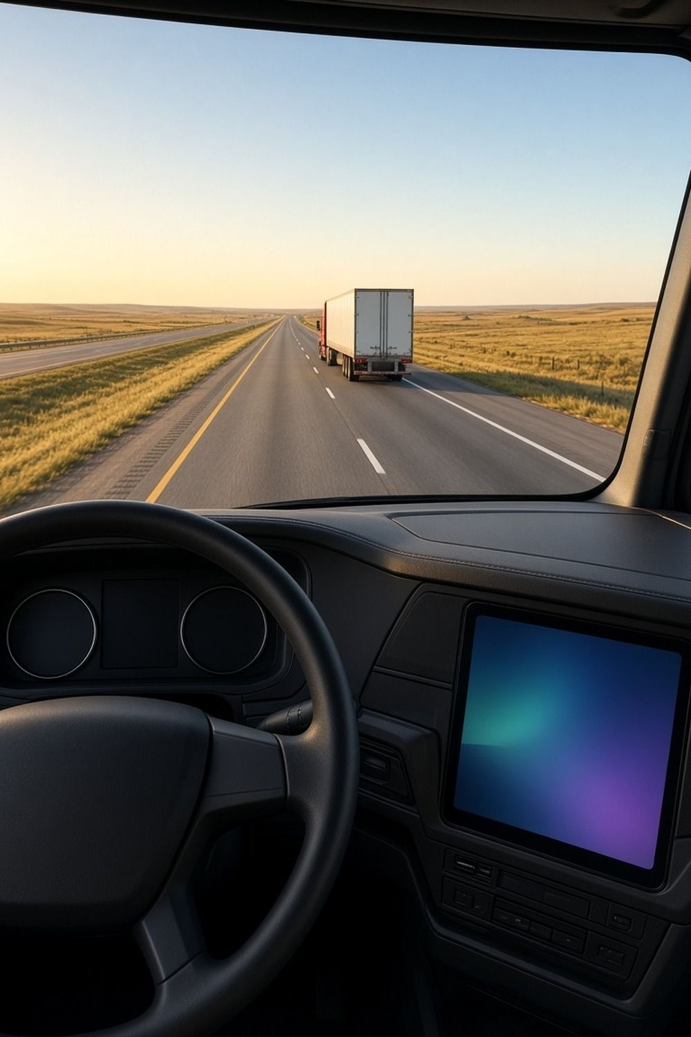 Inside a modern semi truck cab with a tall touchscreen built into the dashboard and the open highway ahead