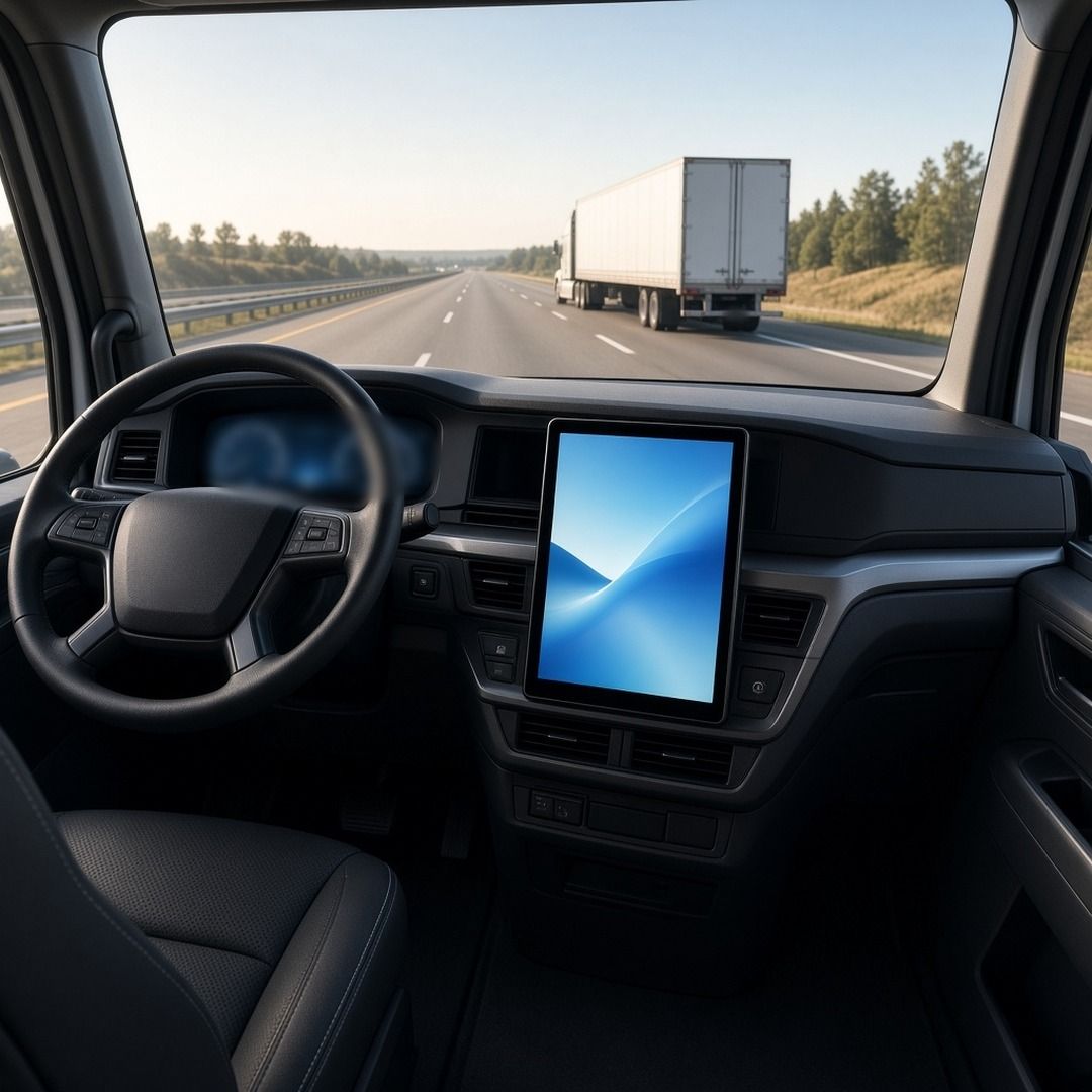 Inside a modern semi truck cab with a tall touchscreen built into the dashboard and the open highway ahead
