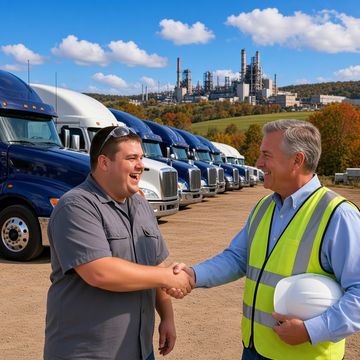 A laughing new hire shakes hands with a gray-haired supervisor in hi-vis beside new semi tractors at a truck plant with autumn hills