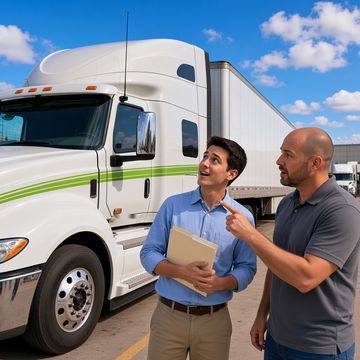 A wide-eyed young recruit holds a folder while a bald trainer points at a white semi at a trucking terminal