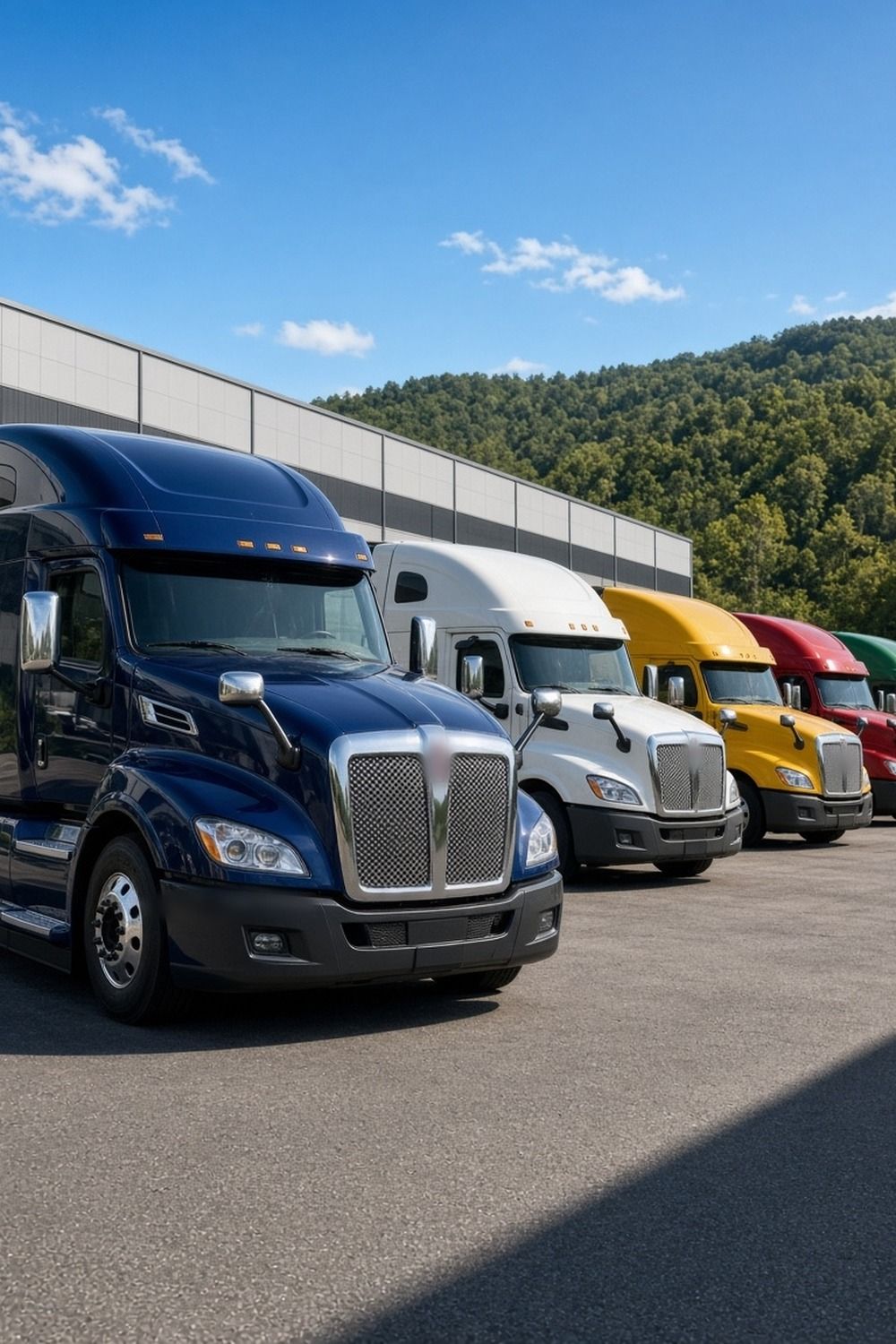 A row of brand new semi truck tractors lined up outside a large truck assembly plant in the Virginia hills